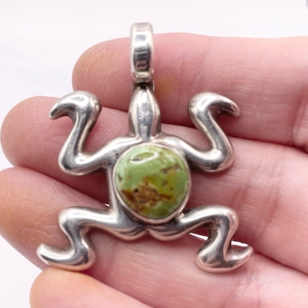 Solid Sterling Silver Frog Pendant With Green Var… - image 1